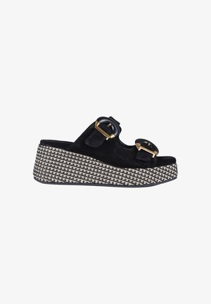 Sandalo con zeppa in suede nero con suola piattaforma decorata e due grandi fibbie nere e dorate.