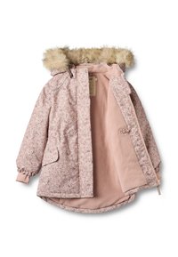 Vaikiška rožinės spalvos žieminė striukė su dirbtinio kailio gaubto apdaila, elastinėmis rankogaliais ir minkštu vilnos pamušalu, iš dalies atsegta.