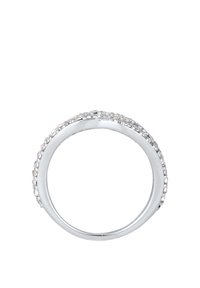 Silberring mit einem glatten Band, das eine Reihe kleiner, runder Steine entlang der äußeren Kante aufweist, was eine strukturierte Oberfläche und Glanz erzeugt.