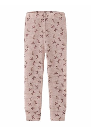 Pantalons rose clair avec un motif répétitif de nœuds marron. Fabriqués en tissu doux, avec une taille élastique et des poignets ajustés aux chevilles.