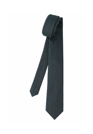 Marineblaue Krawatte mit kleinem weißem Rautenmuster, oben aufgerollt und gerade hängend auf weißem Hintergrund.