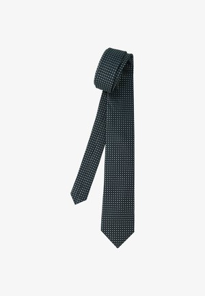 Navy blue necktie with a small white diamond pattern, rolled at the top and hanging straight on a white background.