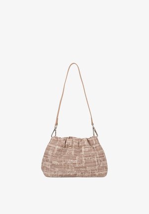 Borsa in tessuto marrone con texture, con parte superiore arricciata e una singola tracolla in pelle, caratterizzata da dettagli in argento e un motivo geometrico sottile.