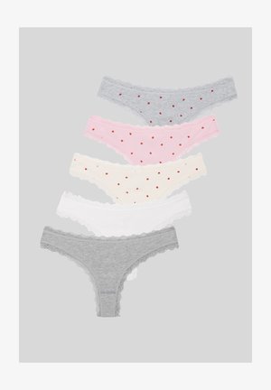 Four pairs of women's panties: gray with red dots, pink ribbed, white, and gray with lace trim. Each features a textured fabric and thin straps.
