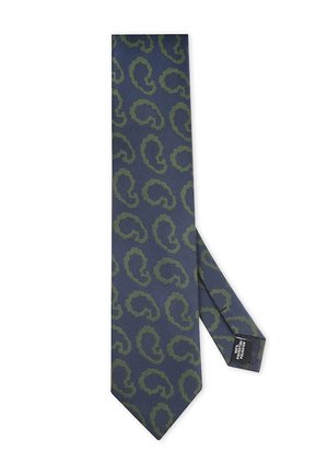 Granatowy krawat o teksturowanej powierzchni z oliwkowym wzorem w lamparta. Zawiera etykietę po odwrotnej stronie.