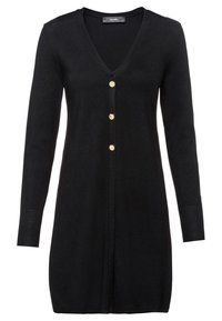 Svart kardigan i mjukt tyg med V-hals, långa ärmar och fem knappar i guldton framtill.