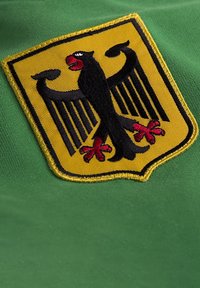 Zwarte adelaar embleem met rode accenten op een gele achtergrond, geborduurd op groene stof, met gedetailleerde texturen en gedefinieerde randen.