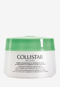 Pot blanc avec un couvercle vert, étiqueté "Collistar Milano." Contient une crème raffermissante intensive avec du collagène et de l'acide hyaluronique.