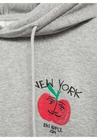 Grijze hoodie gemaakt van zacht materiaal met een rode appelafbeelding met gezichtskenmerken, groene steel en de tekst "NEW YORK BIG APPLE 1894".