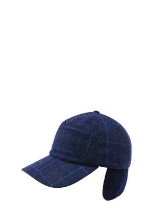 Navy blue wool cap with subtle plaid pattern and attached ear flaps, designed for cold weather protection.