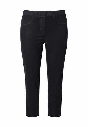 Czarne spodnie do kostek o wąskim kroju, z elastycznym pasem i przednimi kieszeniami, wykonane z rozciągliwego denimu.