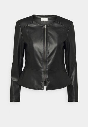 Black faux leather jacket with long sleeves, peplum hem, round neckline, and front silver zipper closure.