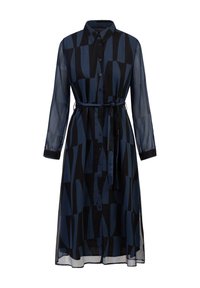 Long-sleeve shirt dress made of sheer fabric in dark blue with black geometric patterns, featuring a button front, collar, and belt.
