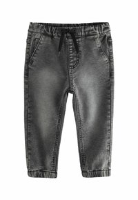 Graue Jeans-Jogginghosen mit einem elastischen Taillenbund, verstellbarem Kordelzug und eingefassten Säumen. Mit seitlichen Taschen und subtilen Verblassungen.