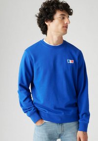 Blauwe sweatshirt van zacht materiaal met een ronde hals, lange mouwen en een klein kleurrijk logo op de borst, gecombineerd met lichte jeans.