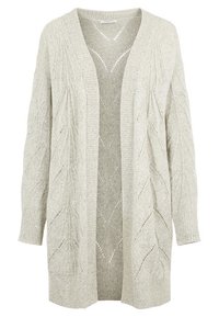 Light gray knitted cardigan featuring a loose fit, open front, and cable pattern detail with openwork design throughout the body and sleeves.