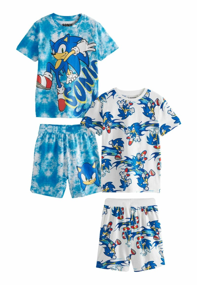 Sonic-thema pyjamastel met twee shirts: een blauw tie-dye shirt met grafisch ontwerp, een wit shirt met herhalende karakterprint, en twee bijpassende shorts.