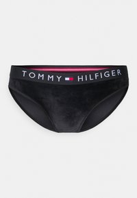 Svart bikiniunderdel i mjukt tyg. Har en kontrastfärgad midja med "TOMMY HILFIGER"-logotyp och röda accentlinjer.