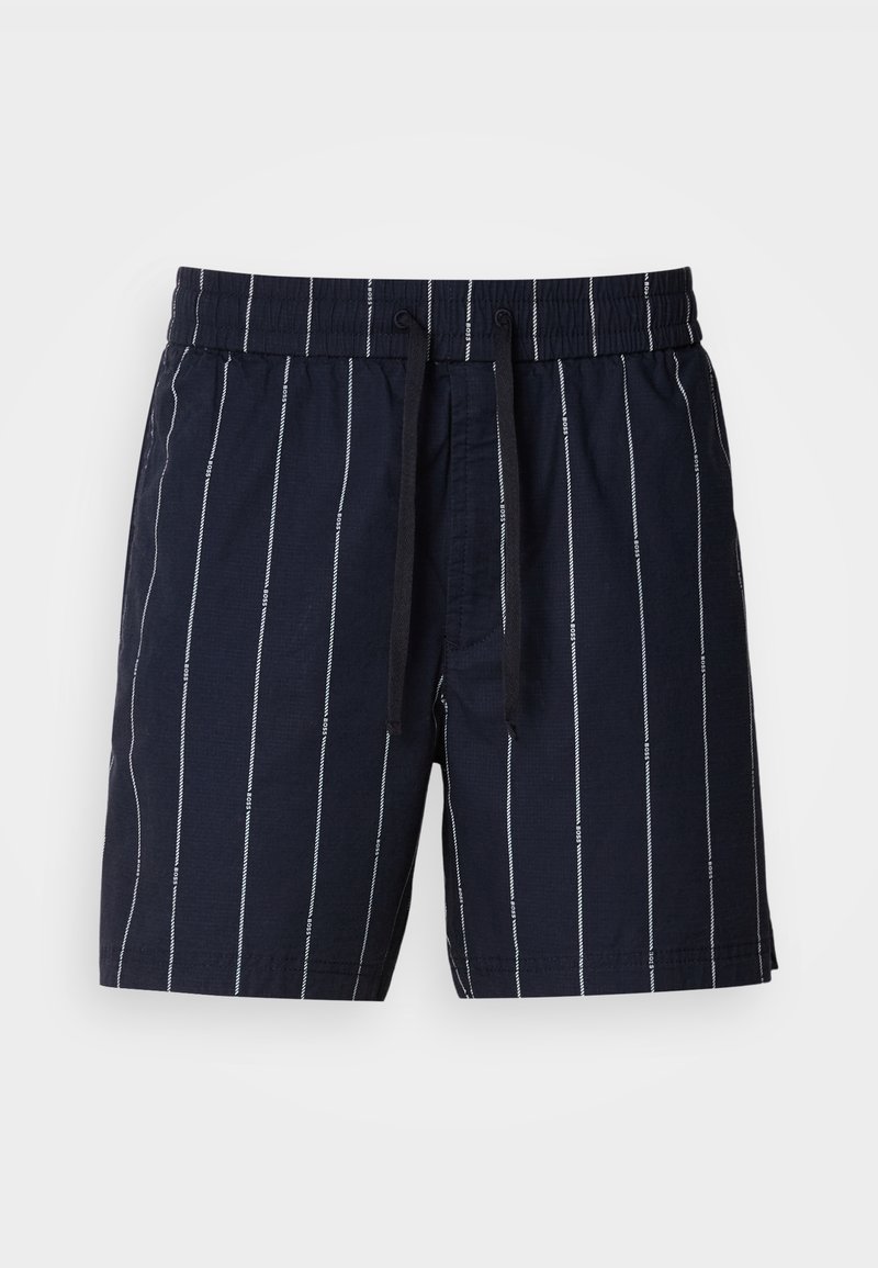 Marineblaue Badeshorts mit weißen vertikalen Streifen, elastischem Bund und verstellbarem Kordelzug. Hergestellt aus leichtem Stoff.