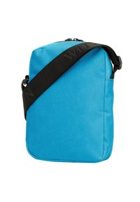 Borsa a spalla in tessuto blu con finitura testurizzata, tracolla nera regolabile e parte superiore con zip. Presenta una tasca laterale per ulteriore spazio di archiviazione.