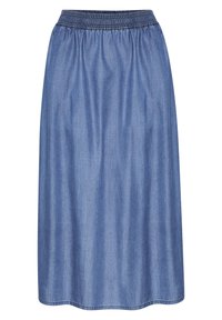 Džínová sukně s elastickým pasem, áčkového střihu, po kolena, ve středně modré barvě s hladkou texturou a minimálním zdobením.