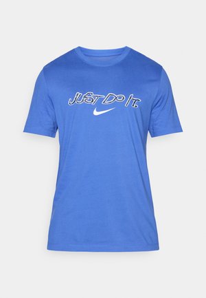 Blå bomulds T-shirt med rund halsudskæring, korte ærmer og teksten "Just Do It." i hvid, med et Nike-logo i midten.
