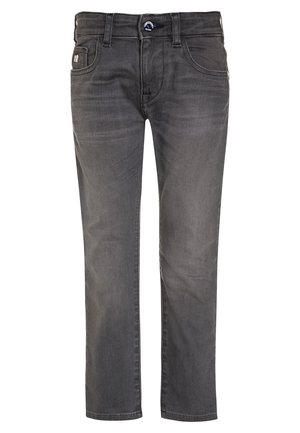 Grå denim jeans med lige ben; fem-lomme design med metal hardware, let falmende og en klassisk talje.