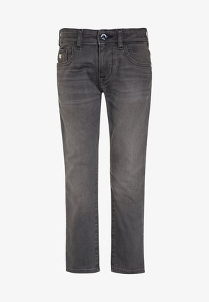 Graue Denim-Jeans mit geradem Bein; Fünf-Taschen-Design mit Metallbeschlägen, leichtem Verblassen und klassischem Bund.