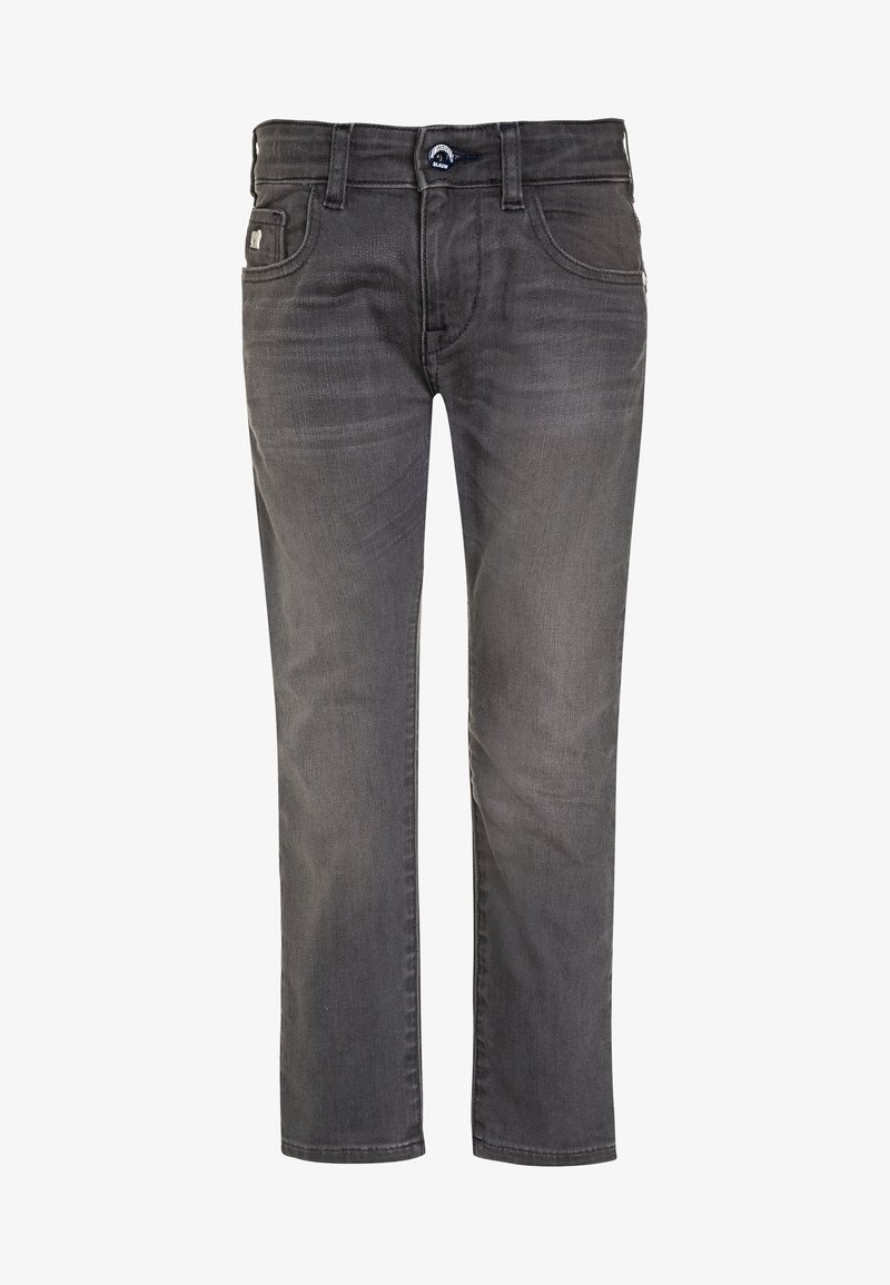 Jean en denim gris avec une coupe droite ; design à cinq poches avec matériel métallique, légère décoloration et taille classique.