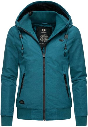 Türkisfarbene Kapuzenjacke mit Reißverschluss, Kordeln, gerippten Bündchen und Saum, zwei Reißverschlusstaschen vorne und einem grafischen Etikett innen am Kragen.