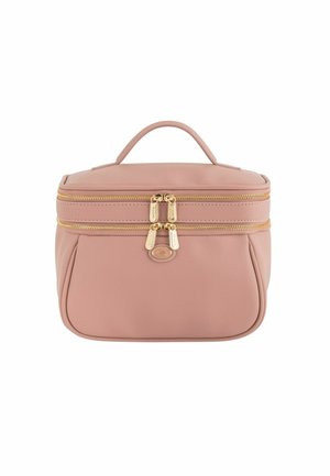 Blush pink cosmetic bag with a structured design, gold zipper accents, a top handle, and a textured surface. Two zippered compartments.