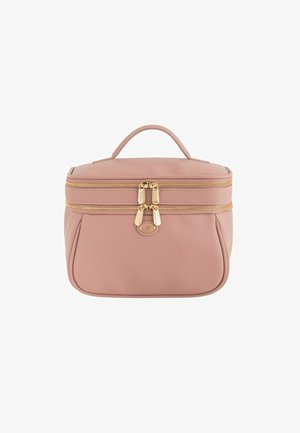 Blush-pink Kosmetiktasche mit strukturiertem Design, goldenen Reißverschlussakzenten, einem oberen Griff und einer strukturierten Oberfläche. Zwei mit Reißverschluss verschlossene Fächer.