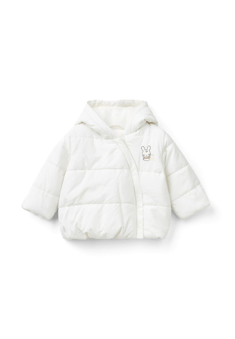 Bílá prošívaná bunda s plyšovou strukturou, kapucí a krátkými rukávy. Na přední straně má malý design králíčka. Měkká vnitřní podšívka.