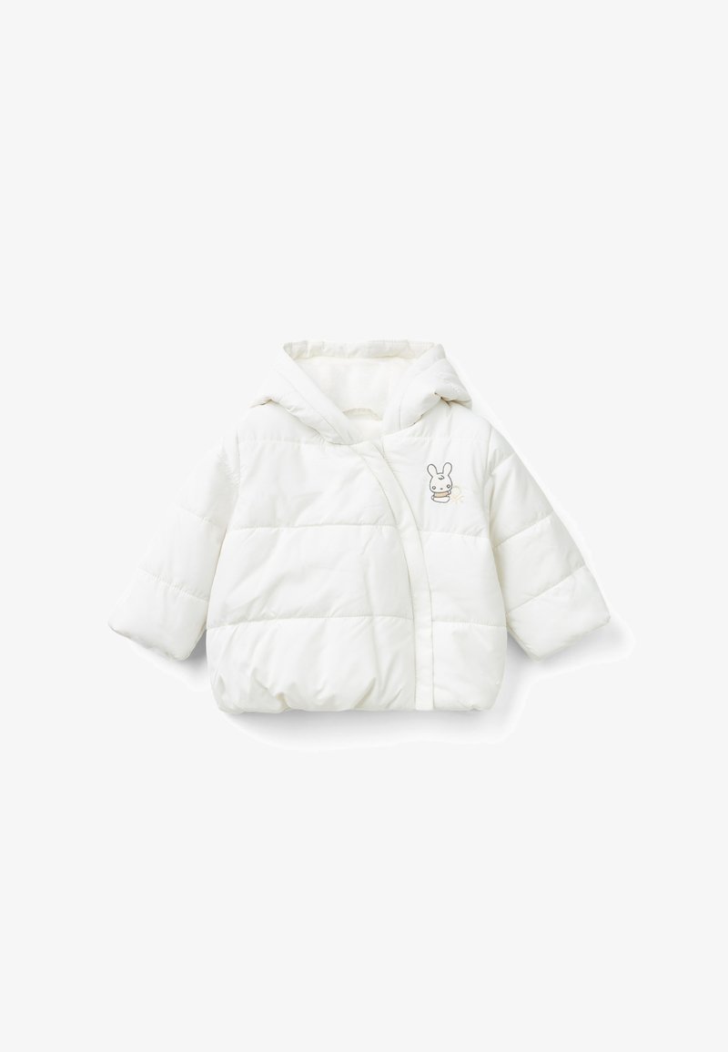 Biała, pikowana kurtka o pluszowej fakturze, z kapturem i krótkimi rękawami. Posiada mały wzór królika z przodu. Miękka podszewka.