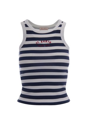 Top smanicato a righe orizzontali navy e bianche con la scritta "ST. BARTH French West" ricamata in rosso sul petto.