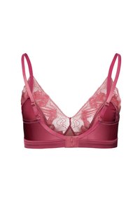 Mauve bralette, joka sisältää pehmeät pitsikupit, säädettävät olkaimet, satiinibandin ja hakaskin. Teksturoidut pitsit, joissa on kukkakuviot.