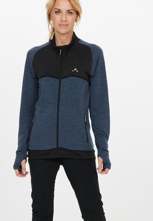 Blå og sort lynlåsjacket med lange ærmer, der har et tekstureret design, sidelommer og tommelhuller i ærmerne.