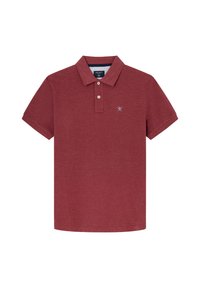 Červená polo košeľa vyrobená z texturovanej tkaniny, s klasickým golierom, krátkymi rukávmi, zapínaním na tri gombíky a vyšitým logom na hrudi.