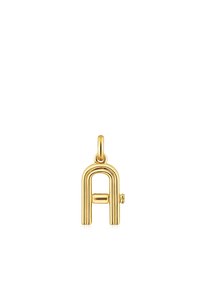 Pendente d'oro a forma di lettera "A" con una finitura liscia e lucidata. Presenta un anello per il fissaggio e un piccolo accento cilindrico.