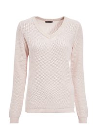 V-Ausschnitt Pullover in hellrosa aus offener Strickware. Mit langen Ärmeln und geripptem Saum. Leicht und mit strukturiertem Design.