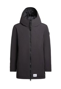 Giacca nera con cappuccio, dotata di una zip lungo tutta la lunghezza, texture liscia e vestibilità leggermente ampia. Presenta un'etichetta del marchio sull'orlo.