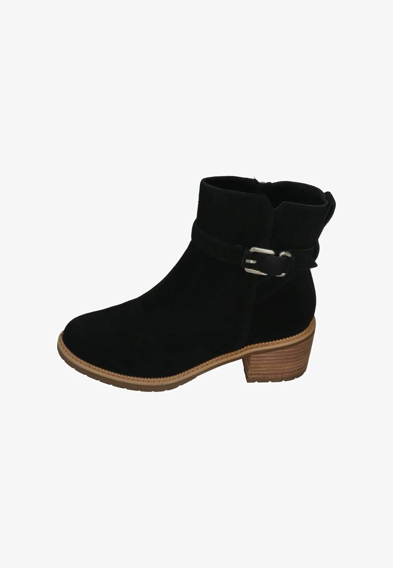 Black suede ankle boot with a round toe, a low stacked heel, and a decorative buckle strap around the ankle. Rubber sole with textured grip.