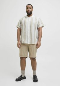 Kurzarmhemd mit charakteristischen Streifen, kombiniert mit beigen Shorts. Schwarze Slipper und graue Socken runden das Outfit ab.