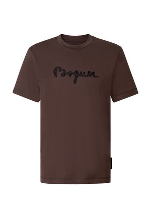 Brun T-shirt med korte ærmer med sort kursiv tekst "Popgun" broderet på brystet, rund hals og lige kant.