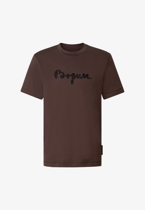 Braunes T-Shirt mit kurzen Ärmeln und schwarzem kursivem Schriftzug „Popgun“ auf der Brust, Rundhalsausschnitt und geradem Saum.