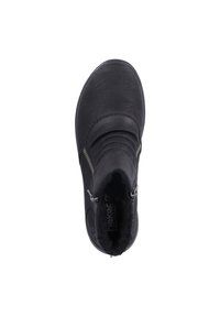 Black ankle boot with a textured leather upper, side zippers, and a soft interior lining, featuring a rounded toe and flat sole.
