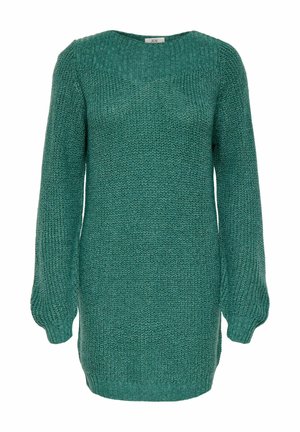 Vestido de punto en color verde azulado con mangas largas, cuello redondo y dobladillo acanalado. La tela texturizada con un tejido suelto añade profundidad al diseño.