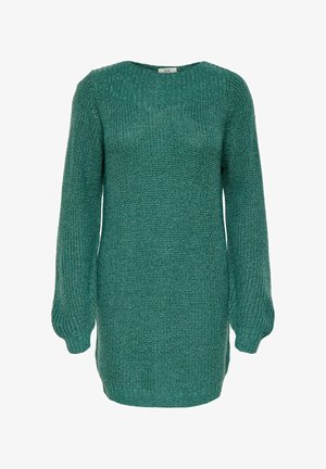 Abito lavorato a maglia color teal con maniche lunghe, scollatura rotonda e orlo a coste. Il tessuto testurizzato con trama larga aggiunge profondità al design.