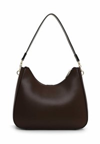 Brown leather shoulder bag with a curved design, smooth texture, and a single black handle. Features a secure zipper closure.