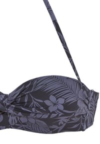 Bikini top bralette nero con stampa floreale in tonalità di grigio. Presenta un design con frontale attorcigliato e spalline sottili regolabili. Tessuto morbido.